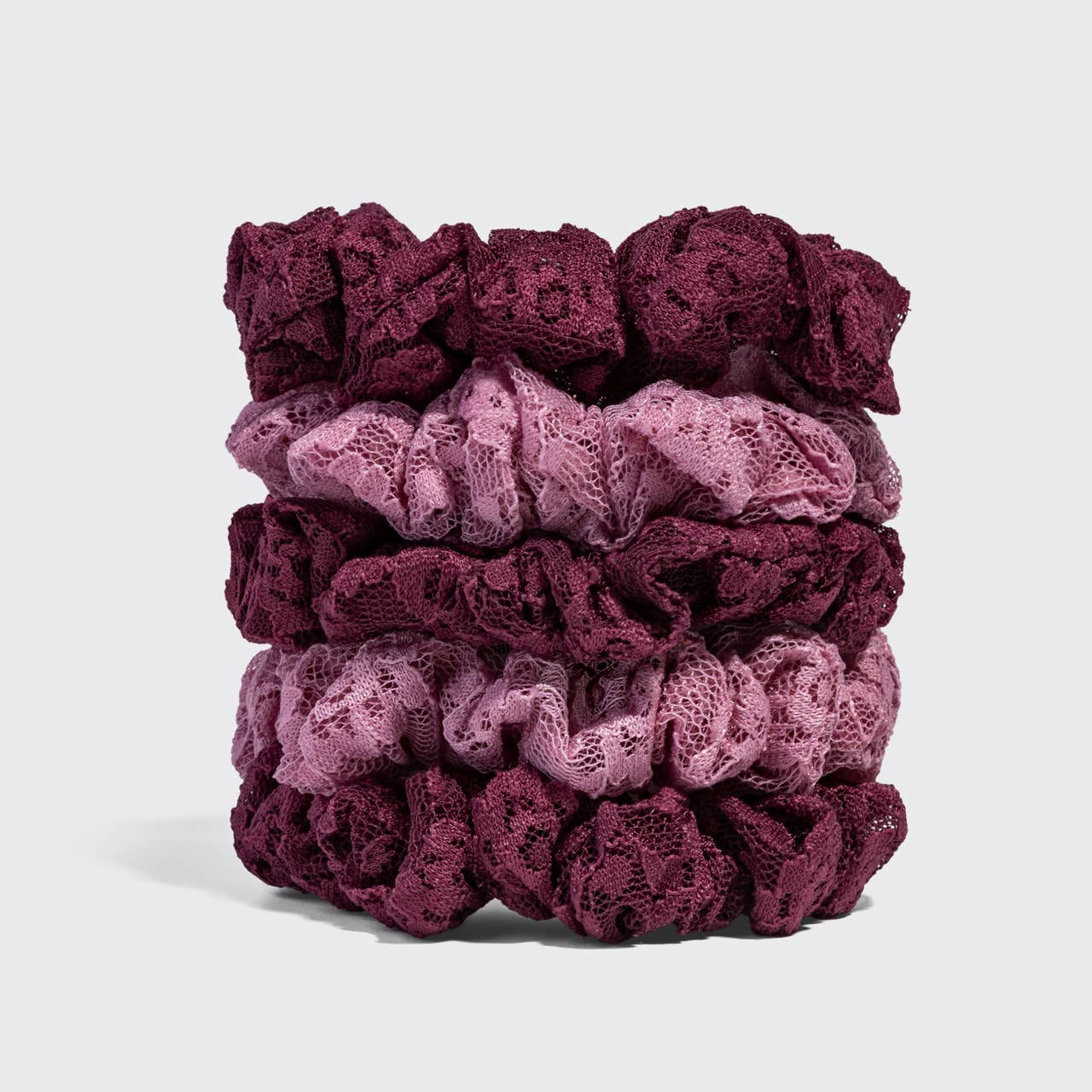Ruched Lace Scrunchies 5pc Set - Cherry Lacquer &amp; Dusty Pink