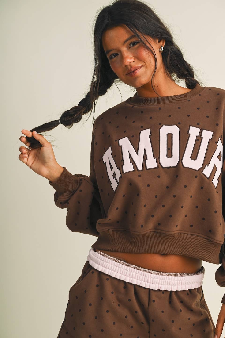 Amour Polka Dot Print Crewneck Crop Sweatshirt