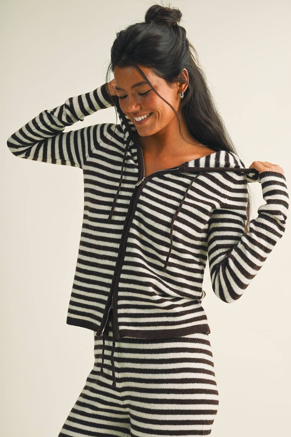 Striped Relaxed Zip Up Knit Sweater Hoodie