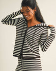 Striped Relaxed Zip Up Knit Sweater Hoodie