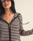Striped Relaxed Zip Up Knit Sweater Hoodie