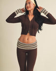 Slim Fit Zip Up Knit Sweater Hoodie with Striped Cuffs