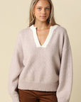 Hattie Contrast V-Neck Knit Sweater