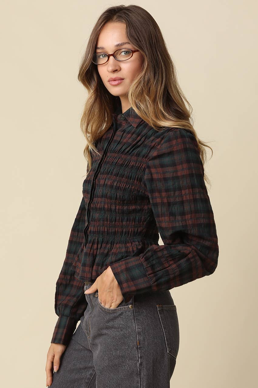 Nila Smocked Plaid Peplum Blouse