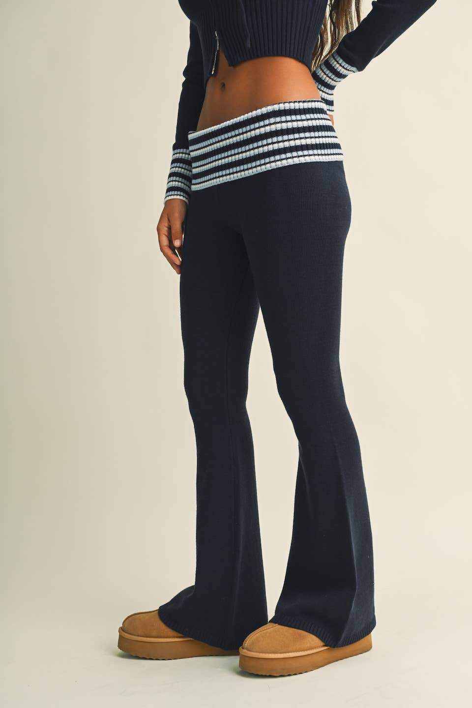 Striped Foldover Flare Knit Sweater Pants