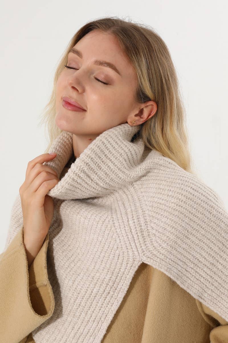 Ribbed Knit Turtleneck Shoulder Wrap Neck Warmer