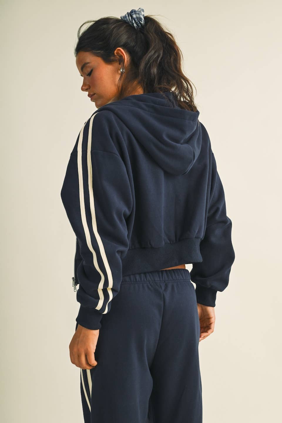 Side Stripe Cropped Zip Up Hoodie