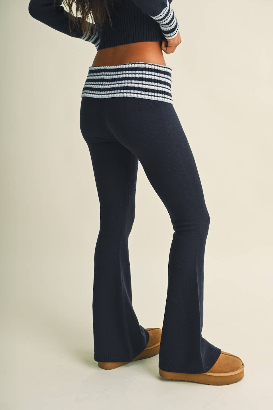 Striped Foldover Flare Knit Sweater Pants