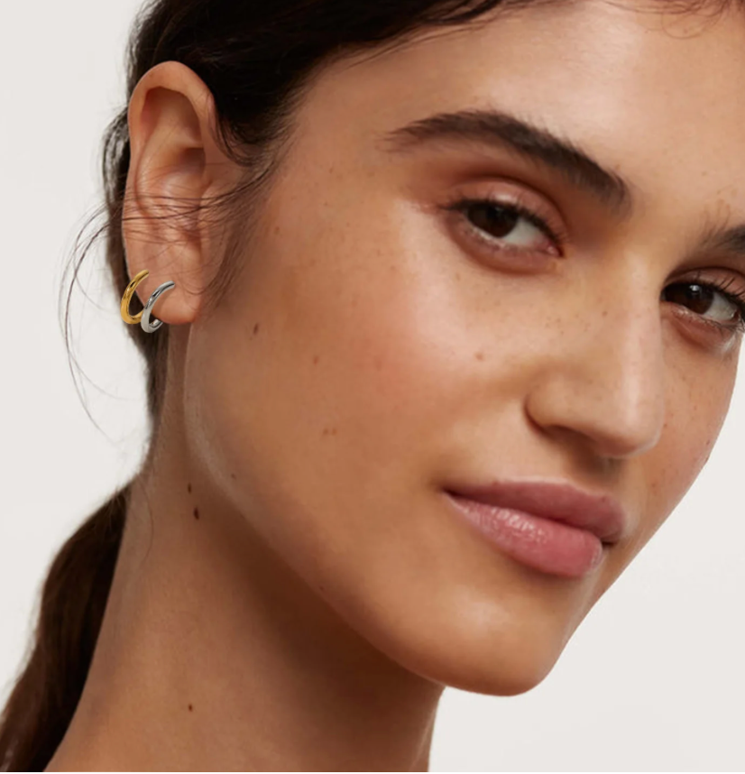 Double Huggie Hoop- TwoTone Steel earrings  18K Gold PVD