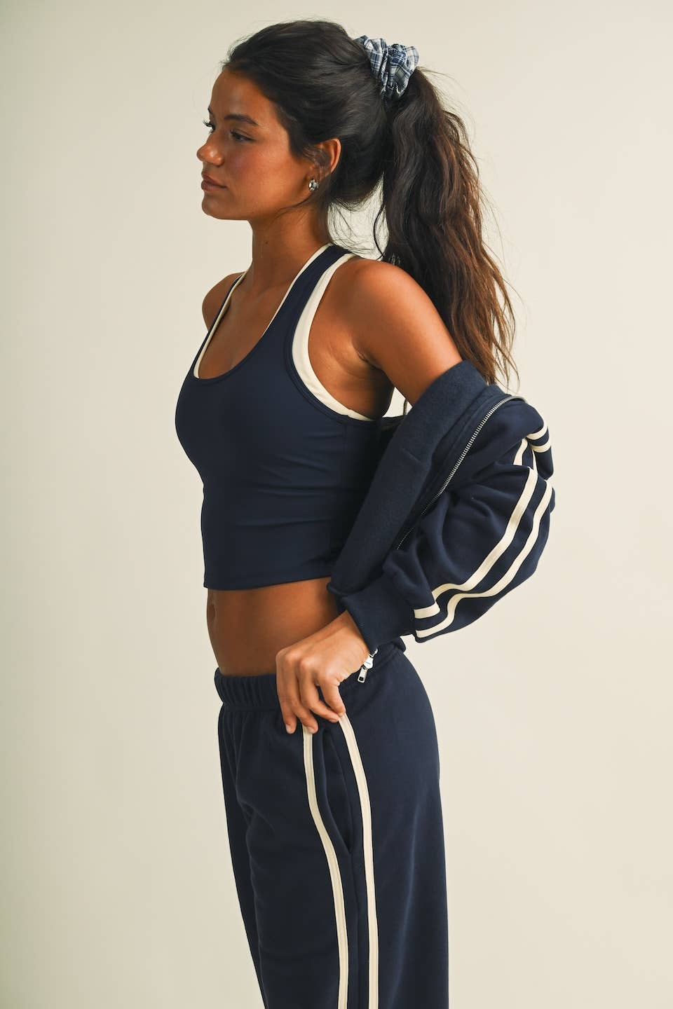 Side Stripe Cropped Zip Up Hoodie