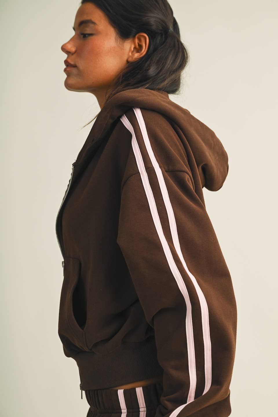 Side Stripe Cropped Zip Up Hoodie