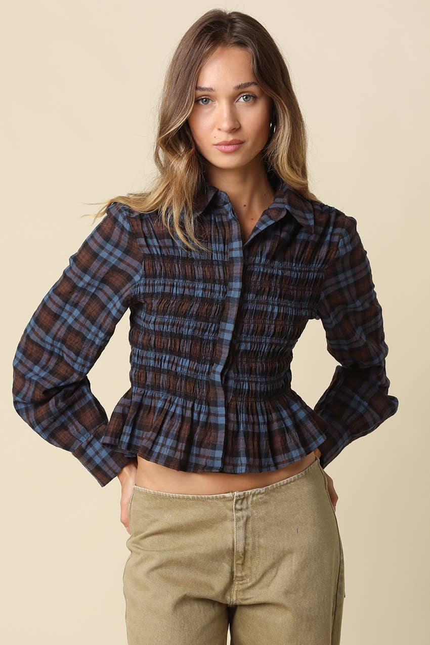 Nila Smocked Plaid Peplum Blouse