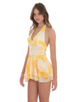 Lucy in The Sky Mesh Floral Halter Romper in Yellow