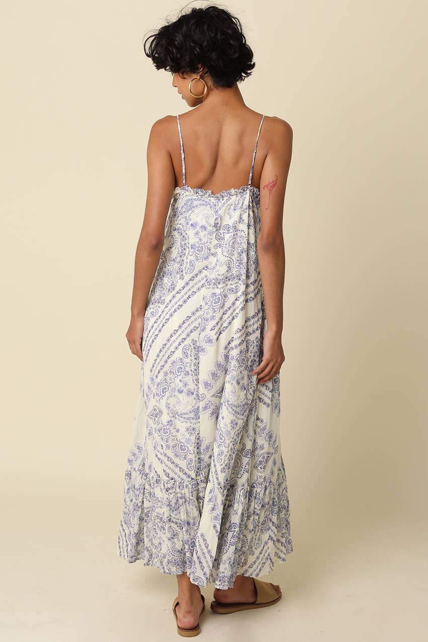 Magie Ruffle Trim Print Sleeveless Maxi Dress