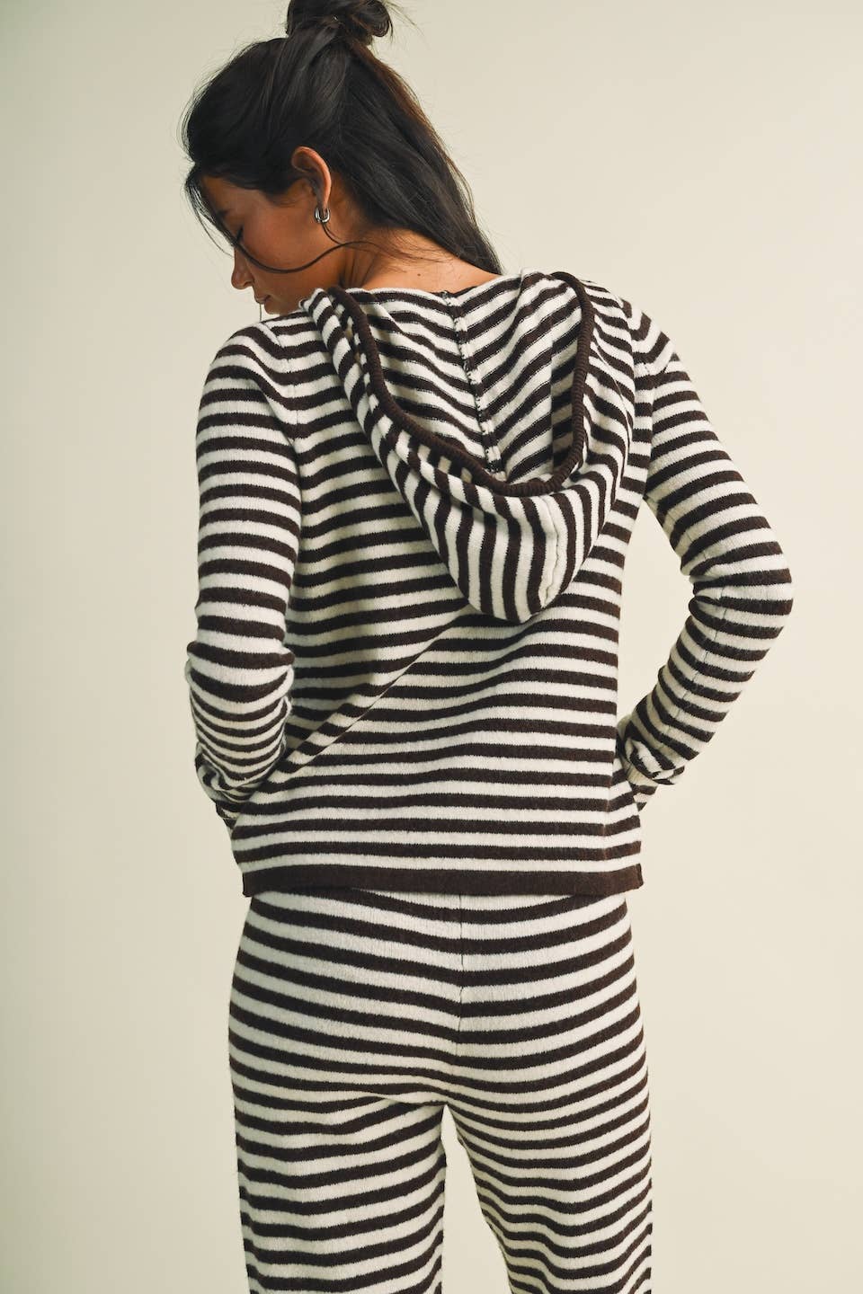 Striped Relaxed Zip Up Knit Sweater Hoodie