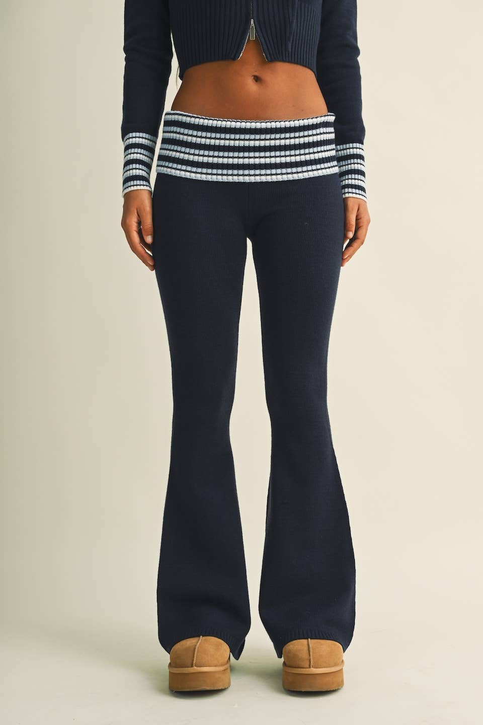 Striped Foldover Flare Knit Sweater Pants
