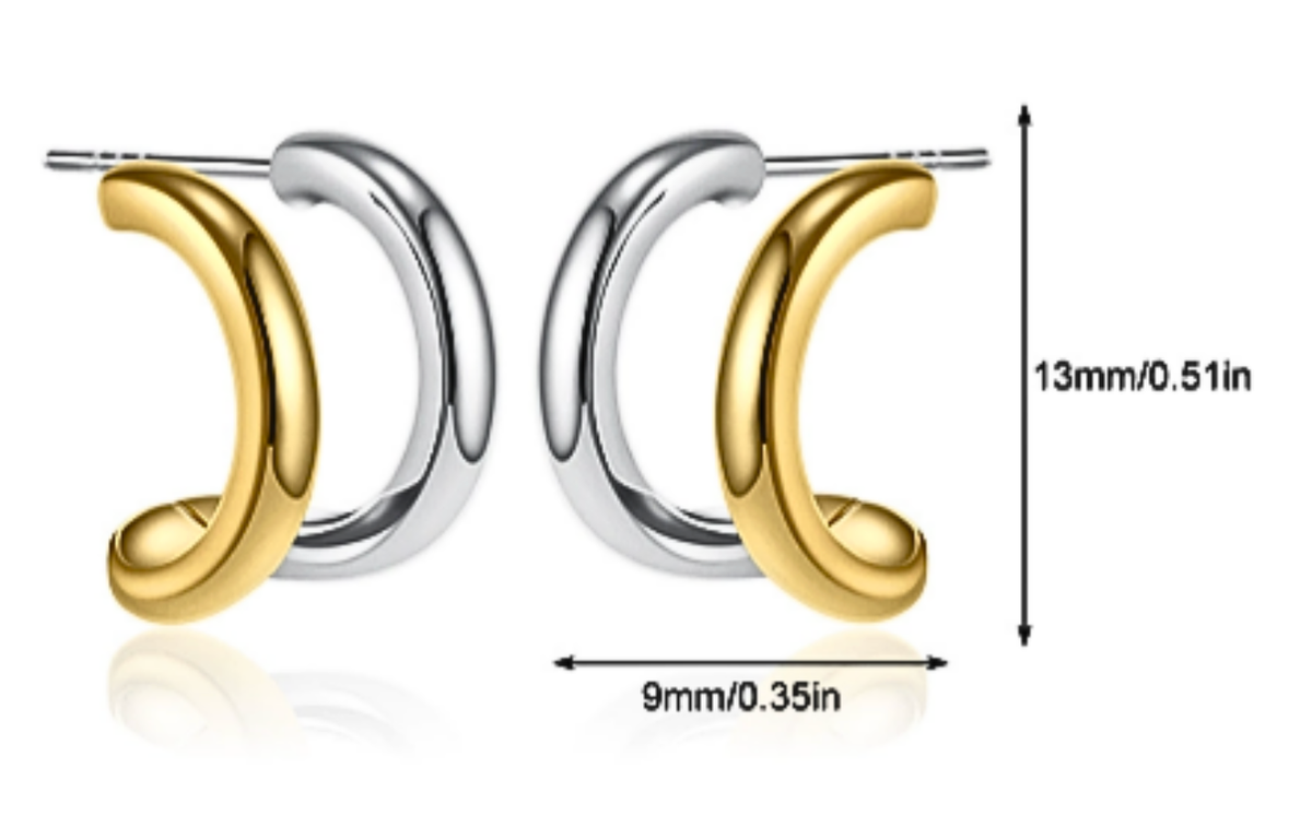 Double Huggie Hoop- TwoTone Steel earrings  18K Gold PVD