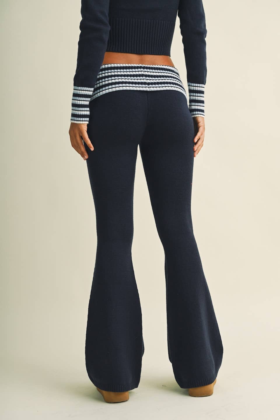 Striped Foldover Flare Knit Sweater Pants