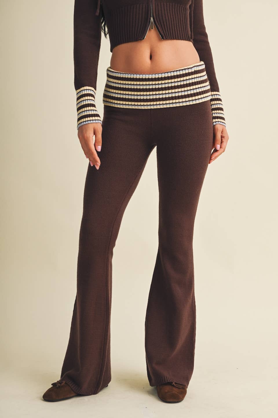 Striped Foldover Flare Knit Sweater Pants