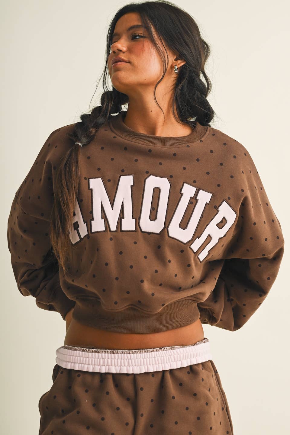 Amour Polka Dot Print Crewneck Crop Sweatshirt