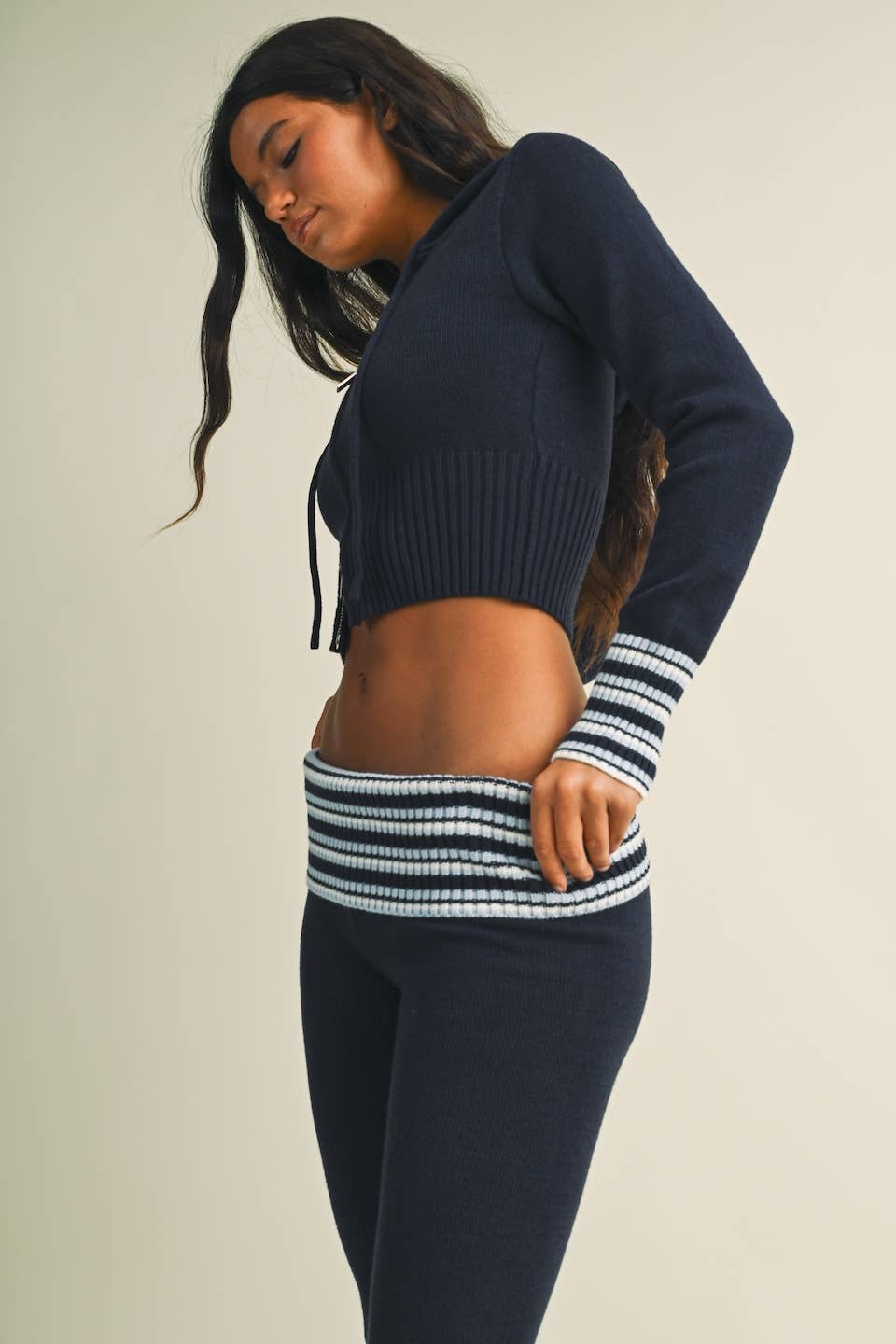 Slim Fit Zip Up Knit Sweater Hoodie with Striped Cuffs