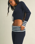 Slim Fit Zip Up Knit Sweater Hoodie with Striped Cuffs