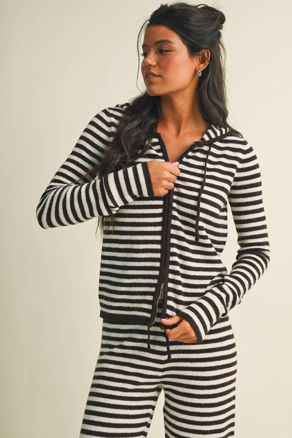 Striped Relaxed Zip Up Knit Sweater Hoodie