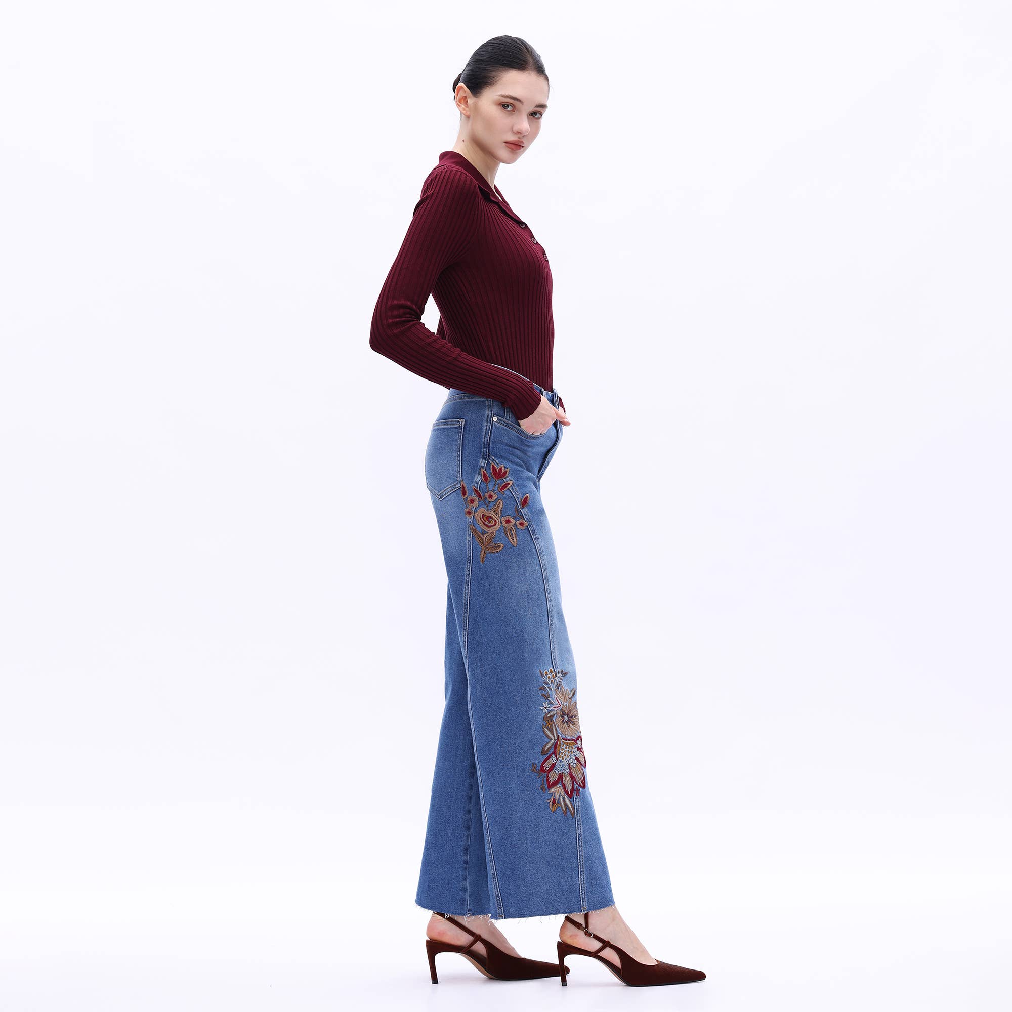 Emmy Embroidered Wide Leg Jeans with Raw Hem