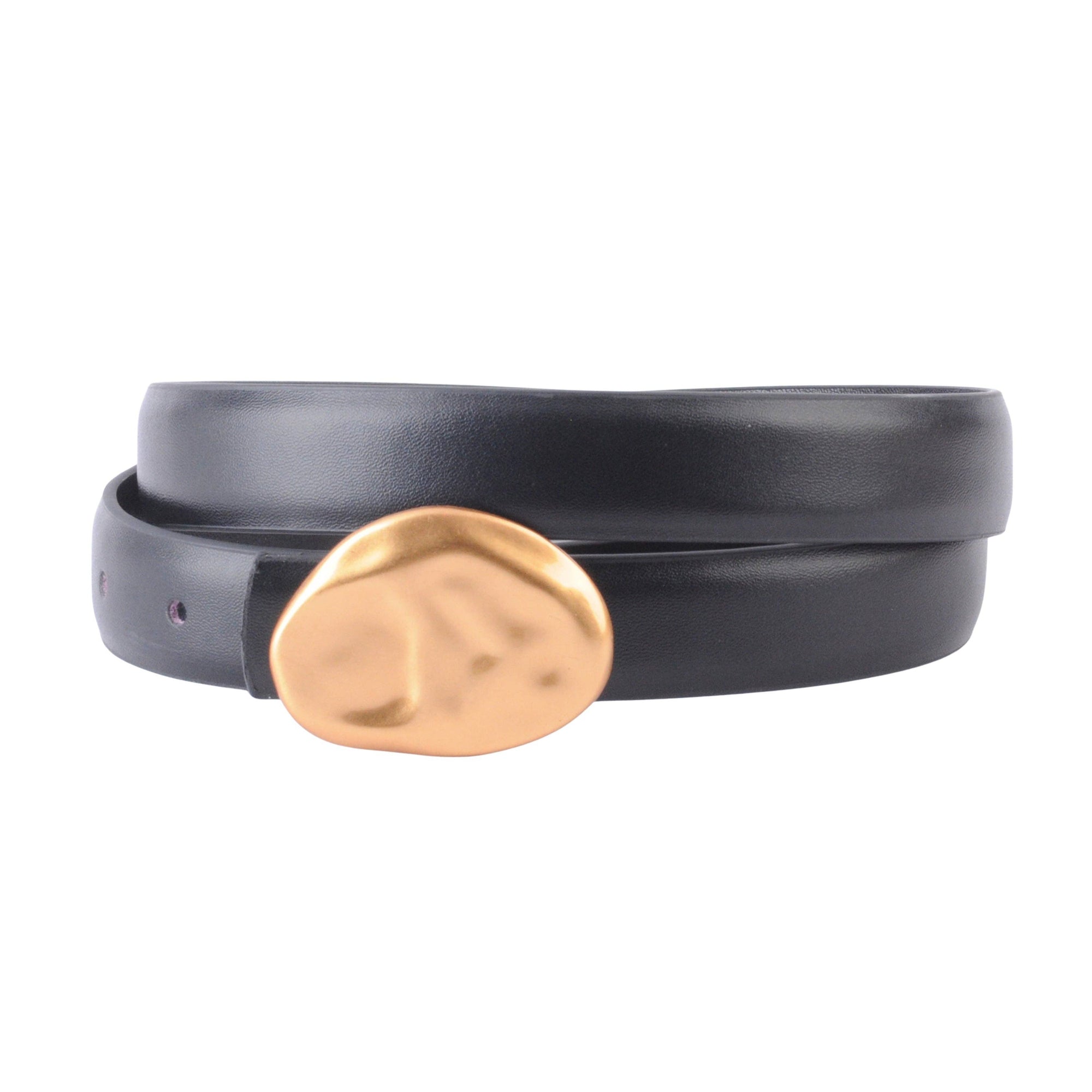 Clean Leather Belt with Gold Hammered Pebble Buckle