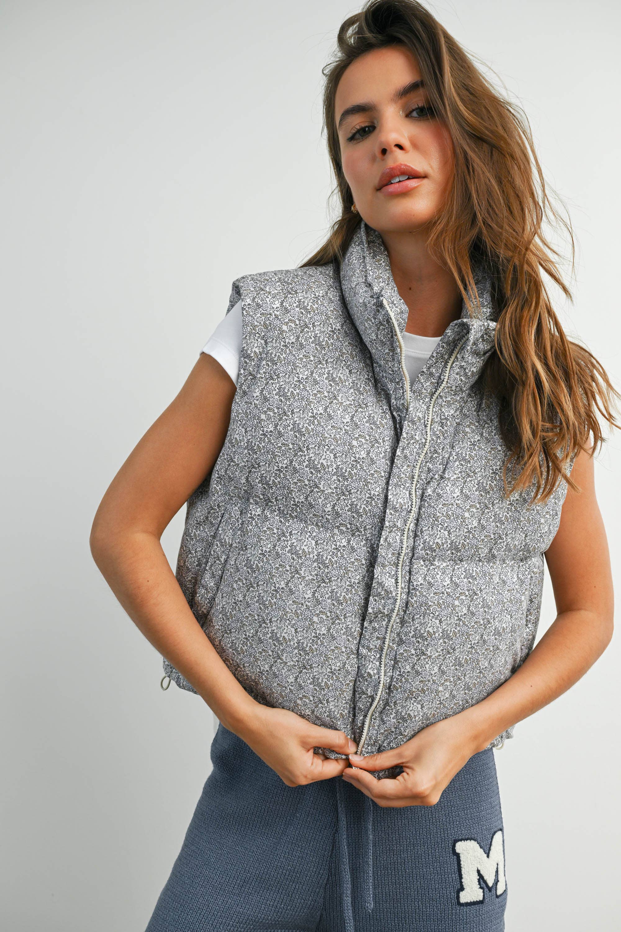High Neck Floral Puffer Vest