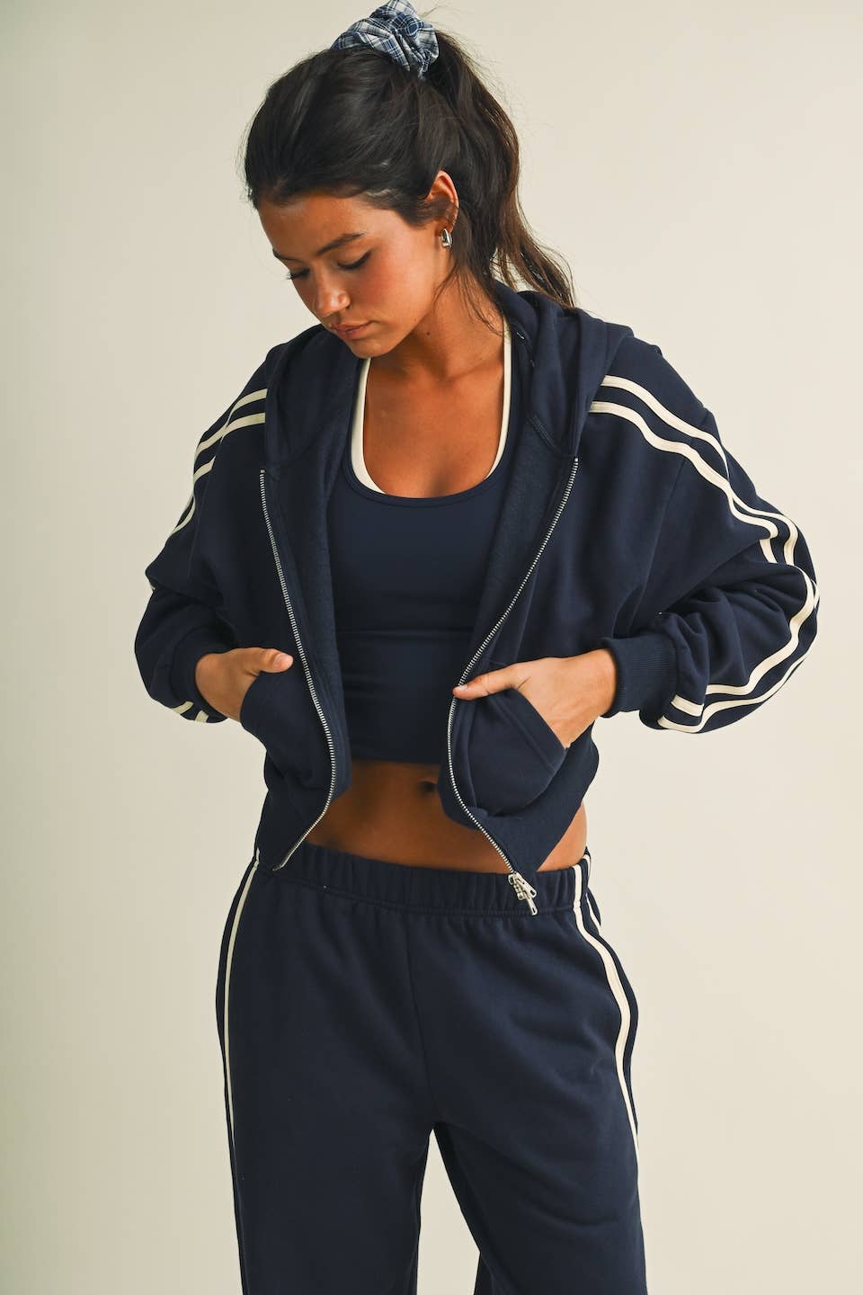 Side Stripe Cropped Zip Up Hoodie