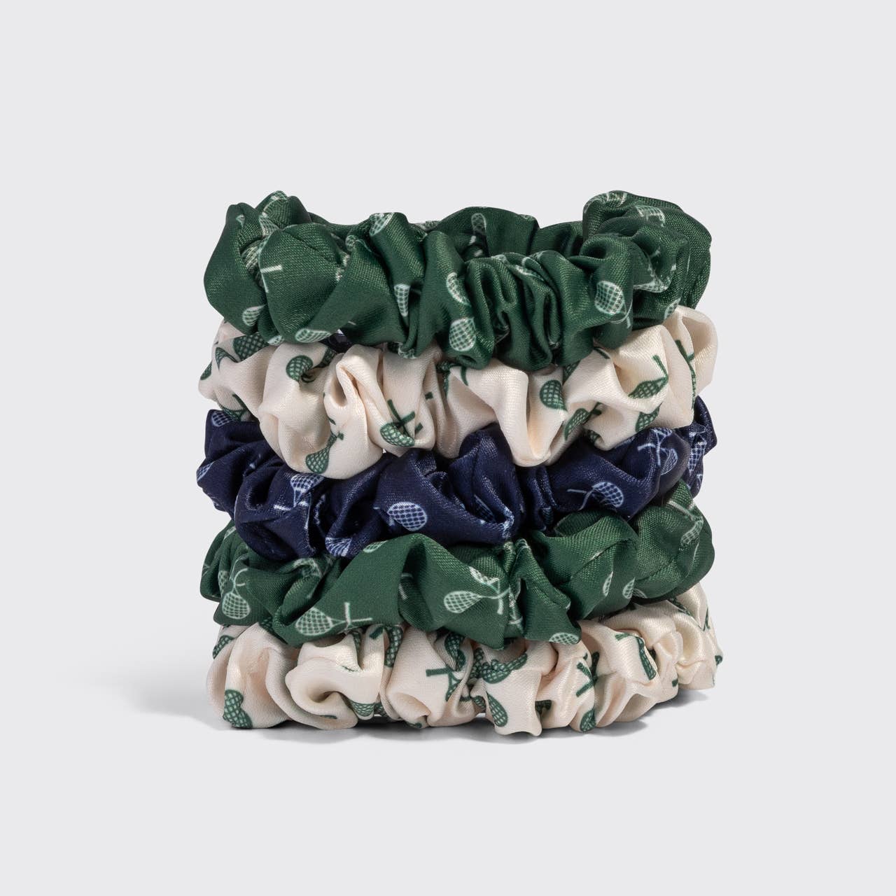 Ruched Satin Scrunchies 5pc Set - Cream, Court Green &amp; Navy Blue