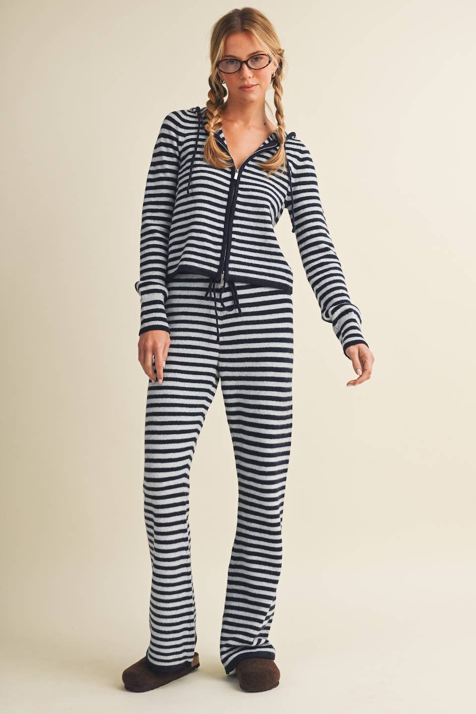 Striped Relaxed Zip Up Knit Sweater Hoodie