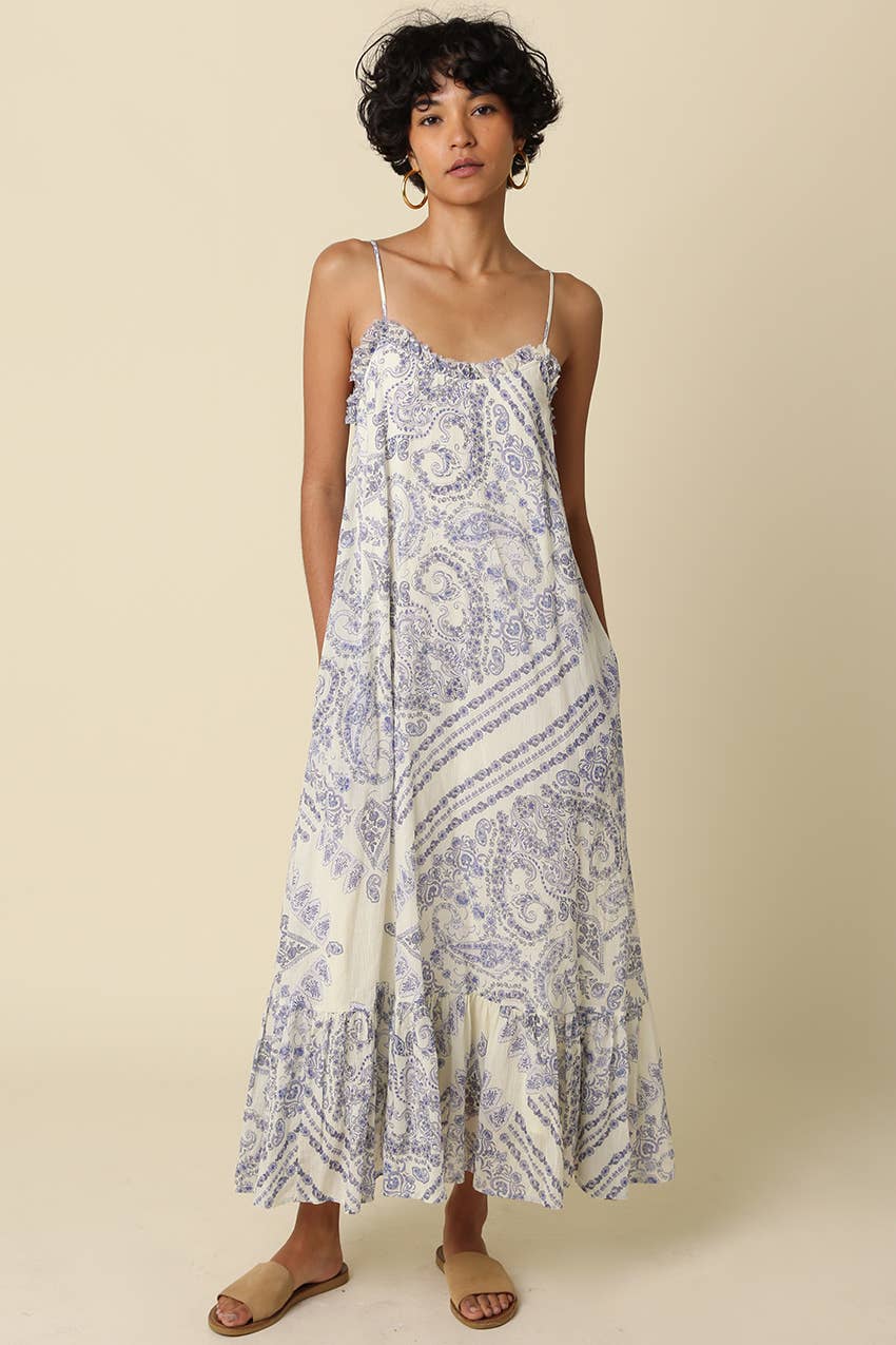 Magie Ruffle Trim Print Sleeveless Maxi Dress