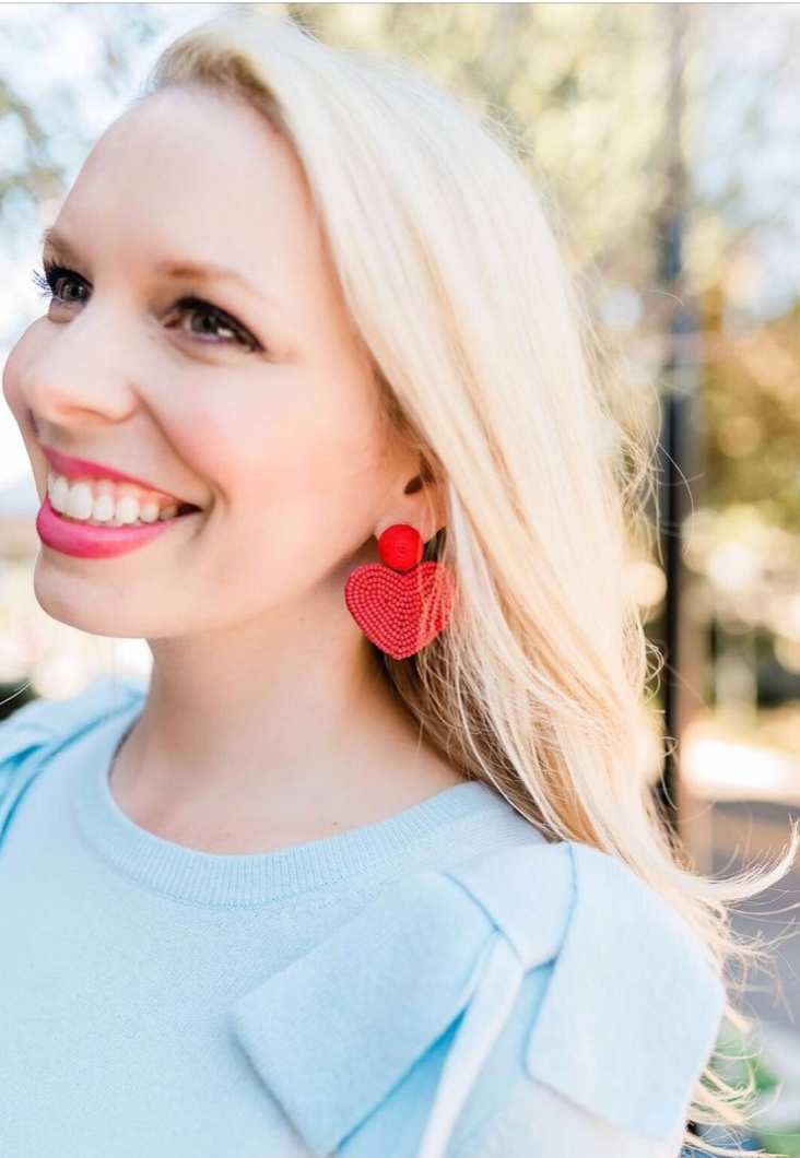 Pink Valentines Day Holiday Beaded Heart Statement Earrings