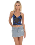 Lucy in the Sky Mesh Floral Halter Top in Black and Blue