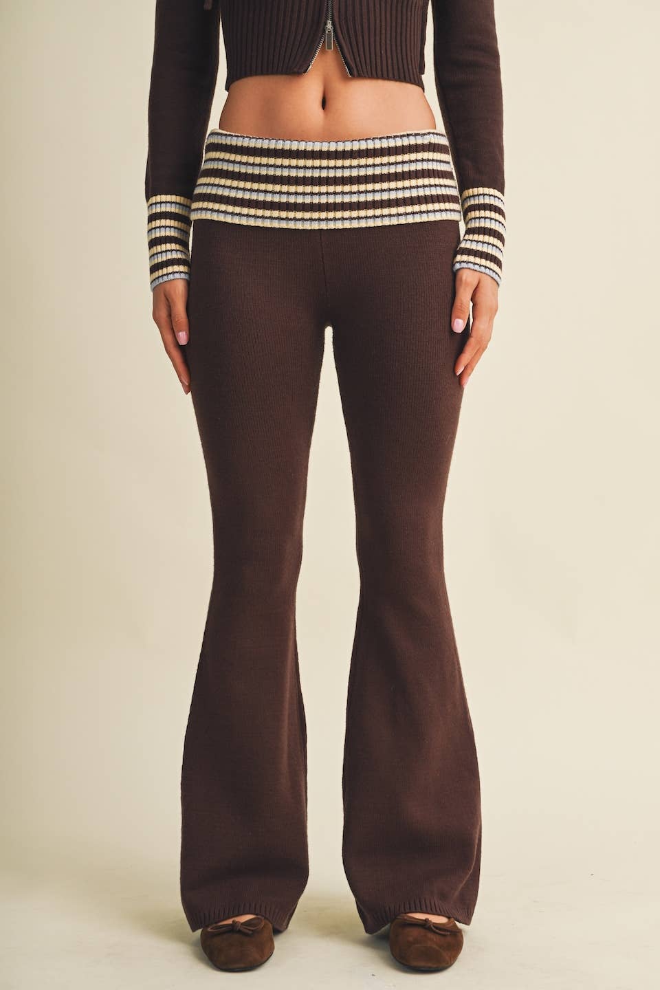 Striped Foldover Flare Knit Sweater Pants