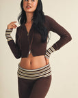 Slim Fit Zip Up Knit Sweater Hoodie with Striped Cuffs