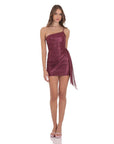 Lucy in the Sky Foil Mesh One Shoulder Tassel Dress in Burgundy