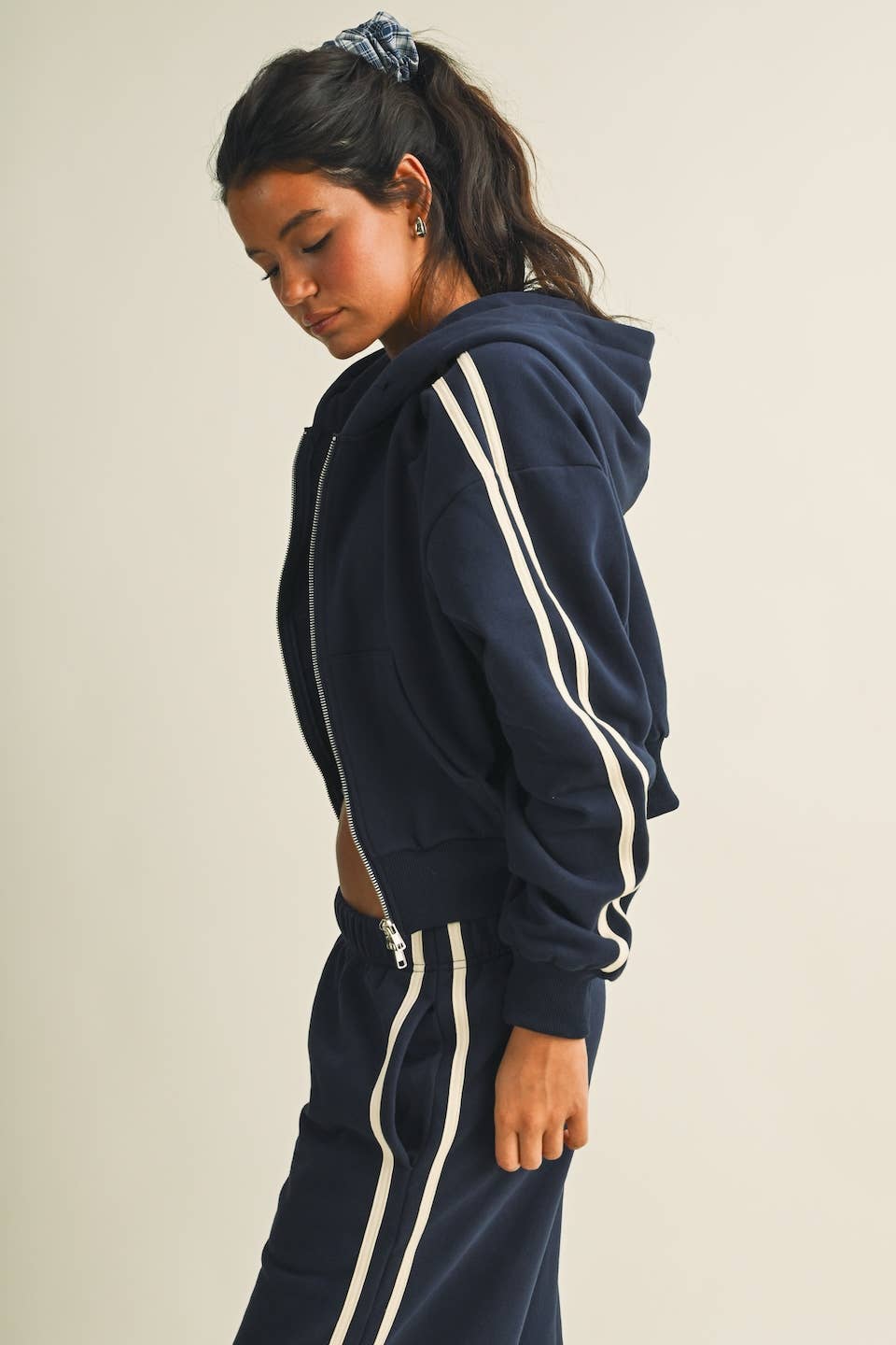Side Stripe Cropped Zip Up Hoodie