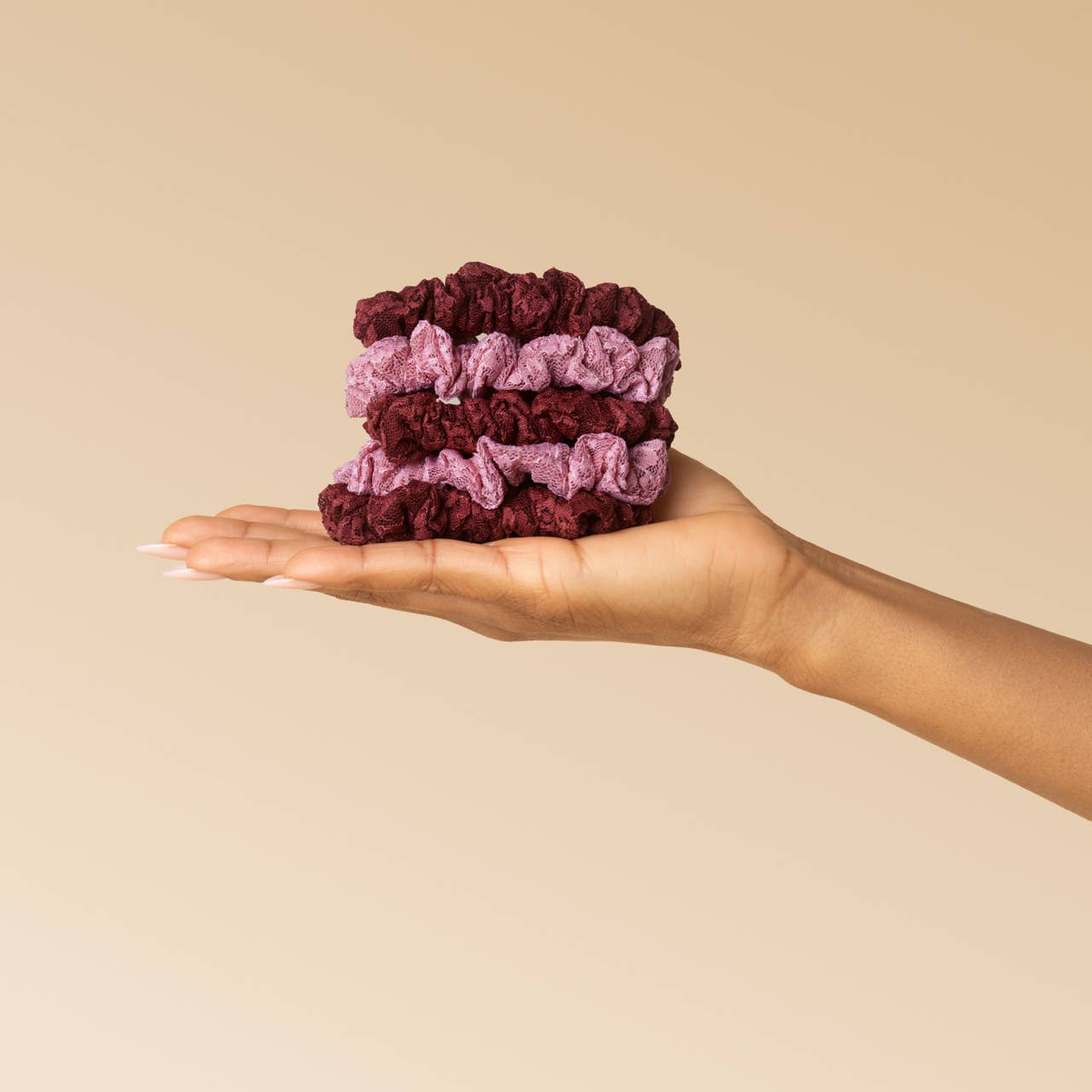 Ruched Lace Scrunchies 5pc Set - Cherry Lacquer &amp; Dusty Pink