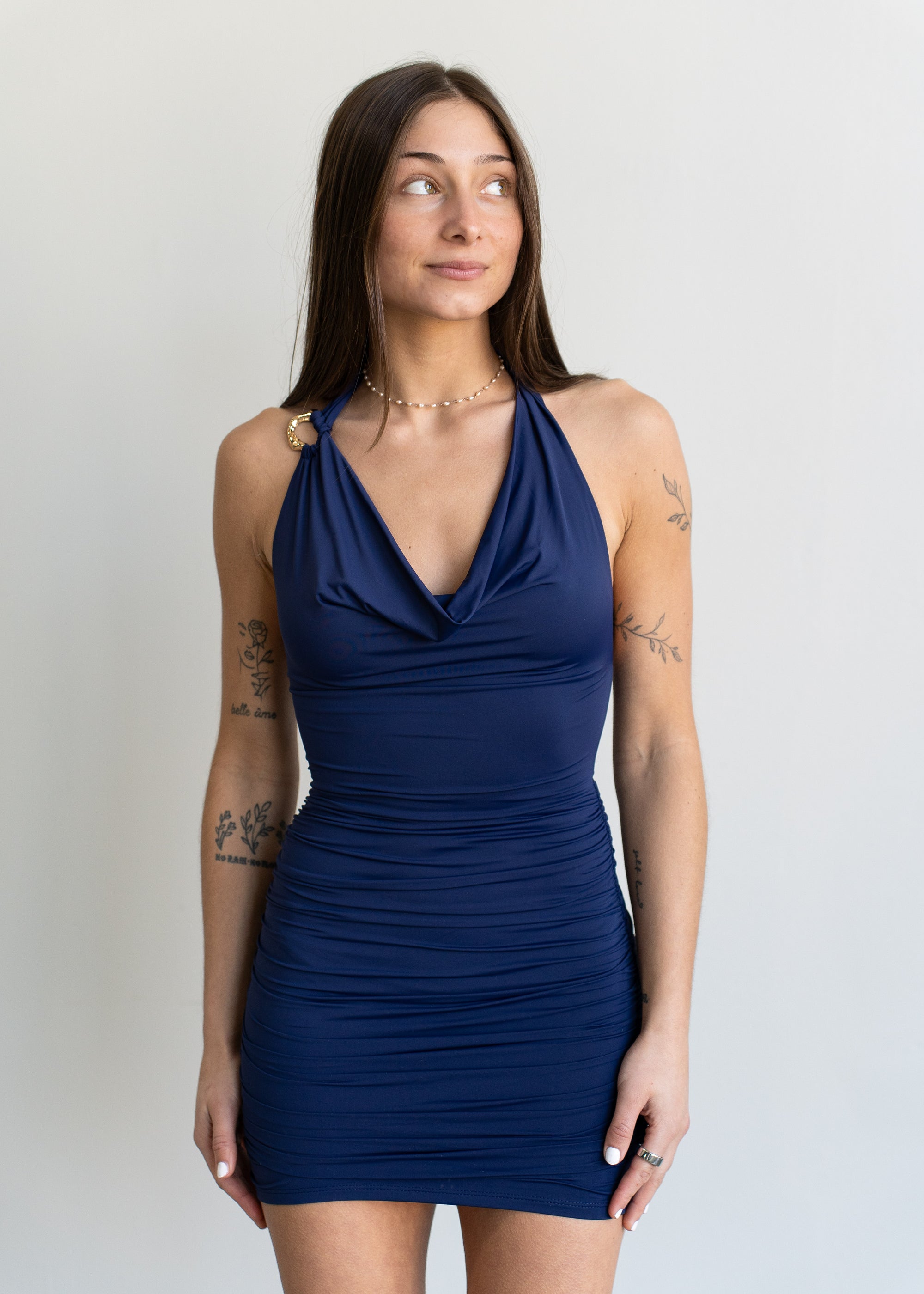 Lucy in the Sky Embellished Cowl Neck Dress in Navy – SANITY