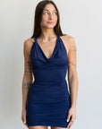 Lucy in the Sky Embellished Cowl Neck Dress in Navy