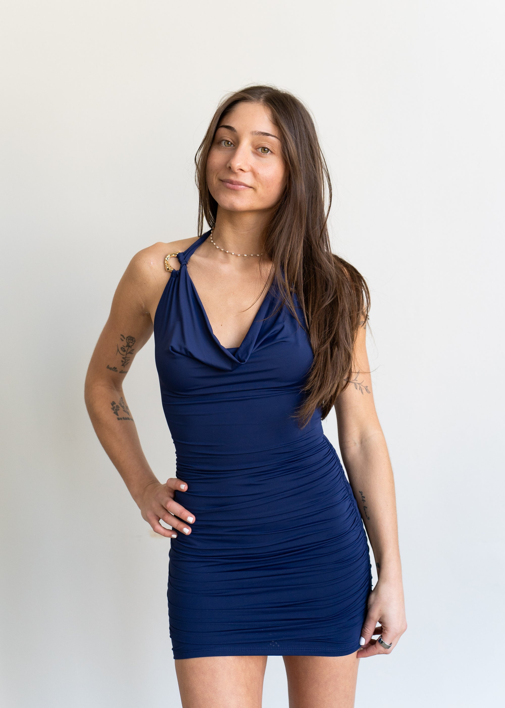 Lucy in the Sky Embellished Cowl Neck Dress in Navy
