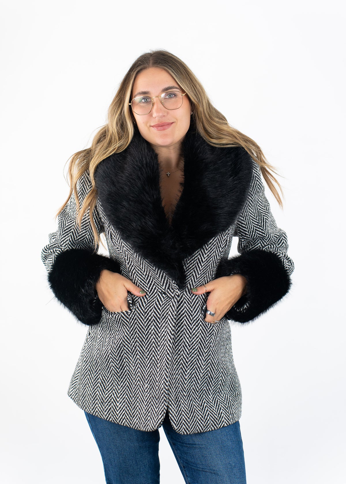 Suiting Houndstooth Faux Fur Blazer