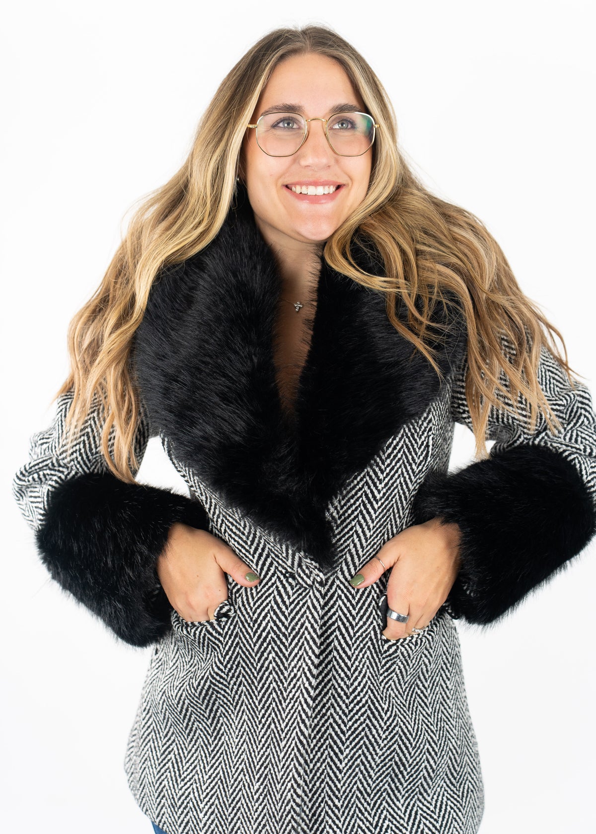 Suiting Houndstooth Faux Fur Blazer