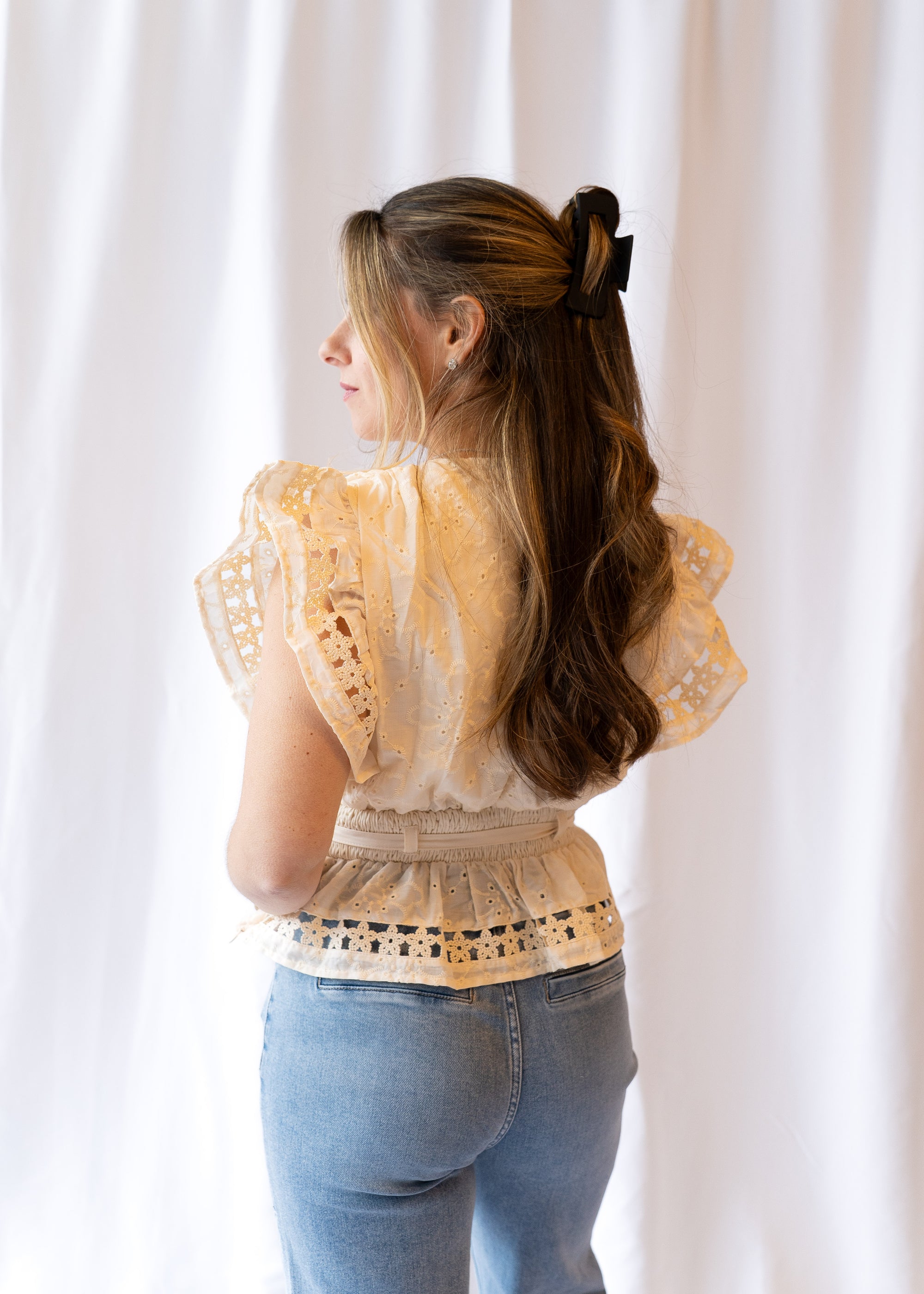 Noemi Eyelet Trim Peplum Top