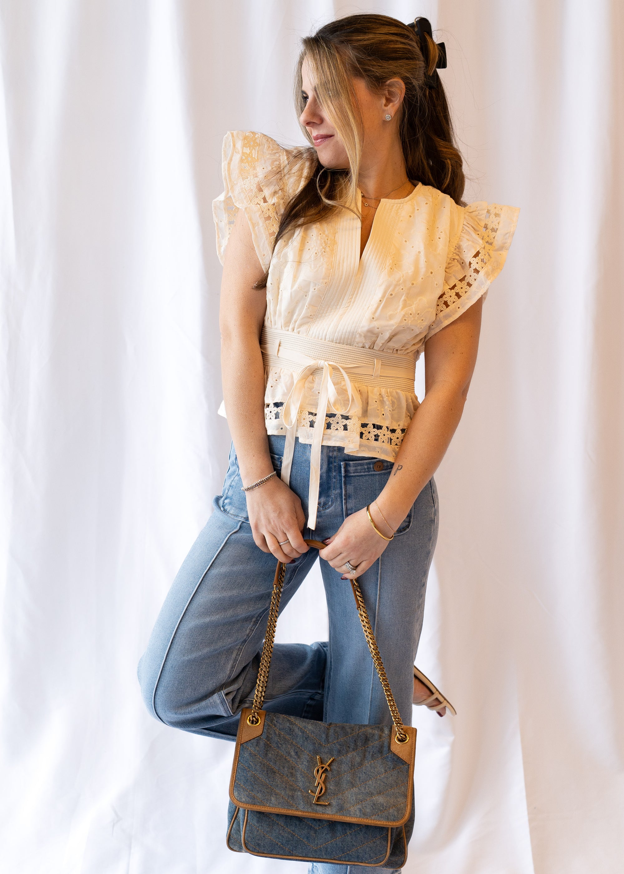 Noemi Eyelet Trim Peplum Top