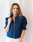 Madison Ruffled Puff Sleeve Jacket- Navy