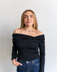 Twist Off Shoulder Jumper in Black